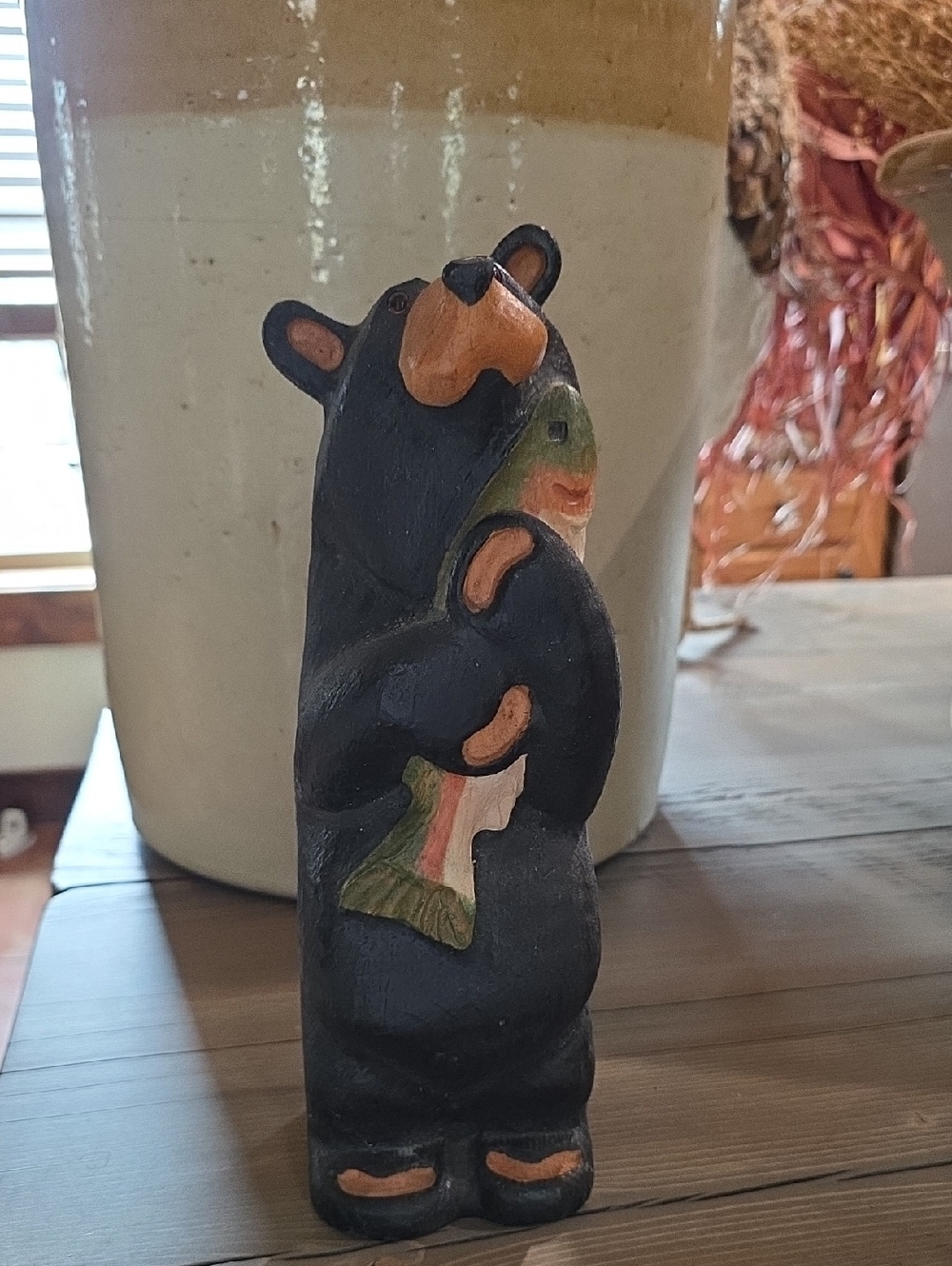 Big Sky Carvers Carved Wood  Bear Figurine Holding Fish - Decorative Home Art